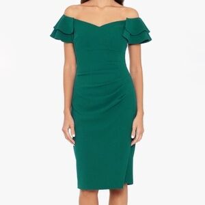 Betsy & Adam | Off Shoulder Ruched Scuba Midi Ruffle Dress.